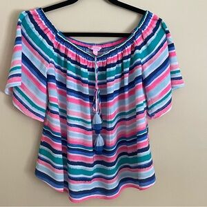 Lilly Pulitzer Sain Top Off Shoulder Blouse Multi Sandy Shell Stripe Size Large